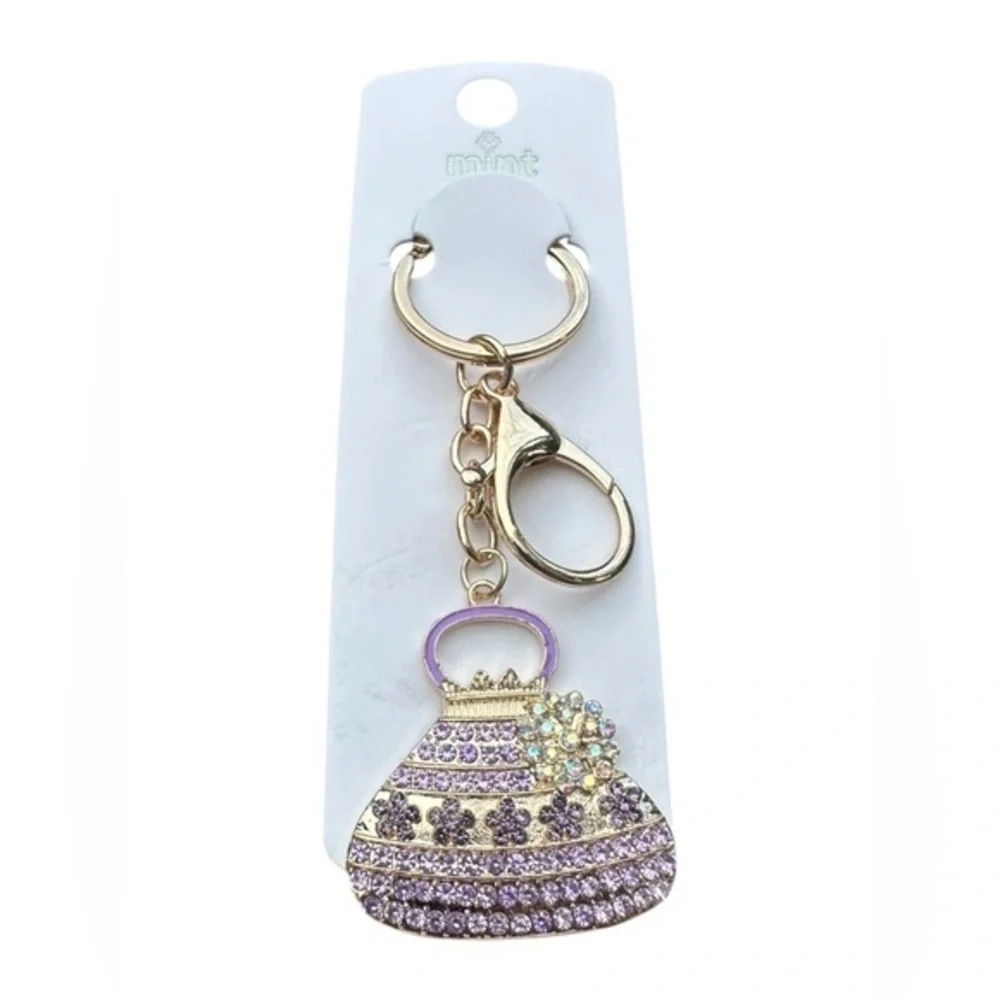 3/$25 Mint Sparkle.Rhinestone Jeweled Purple and Gold Purse Keychain Bag Charm